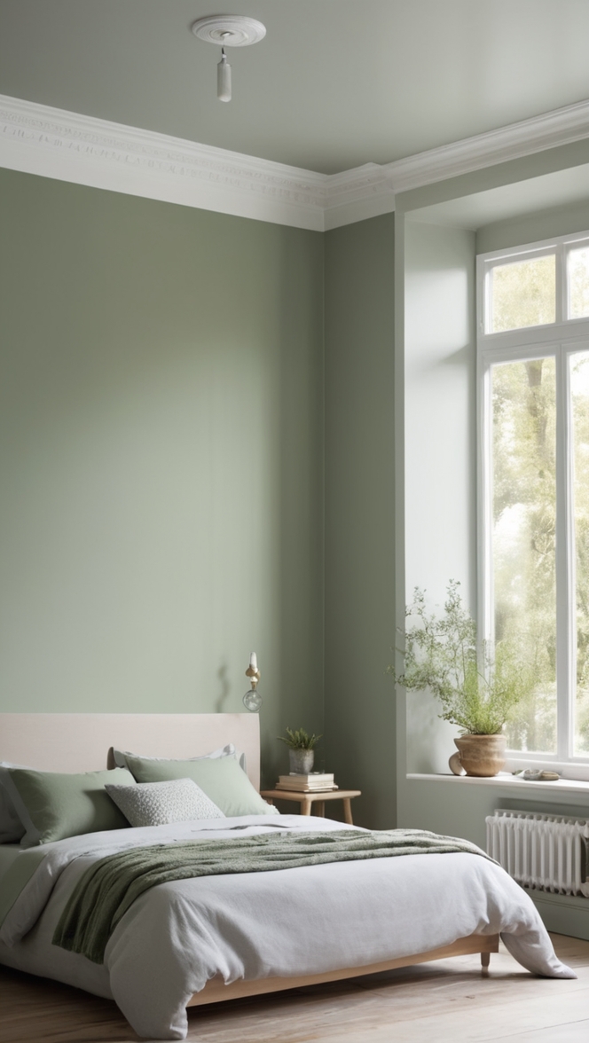 How can I create a cozy sage green and grey bedroom? ?