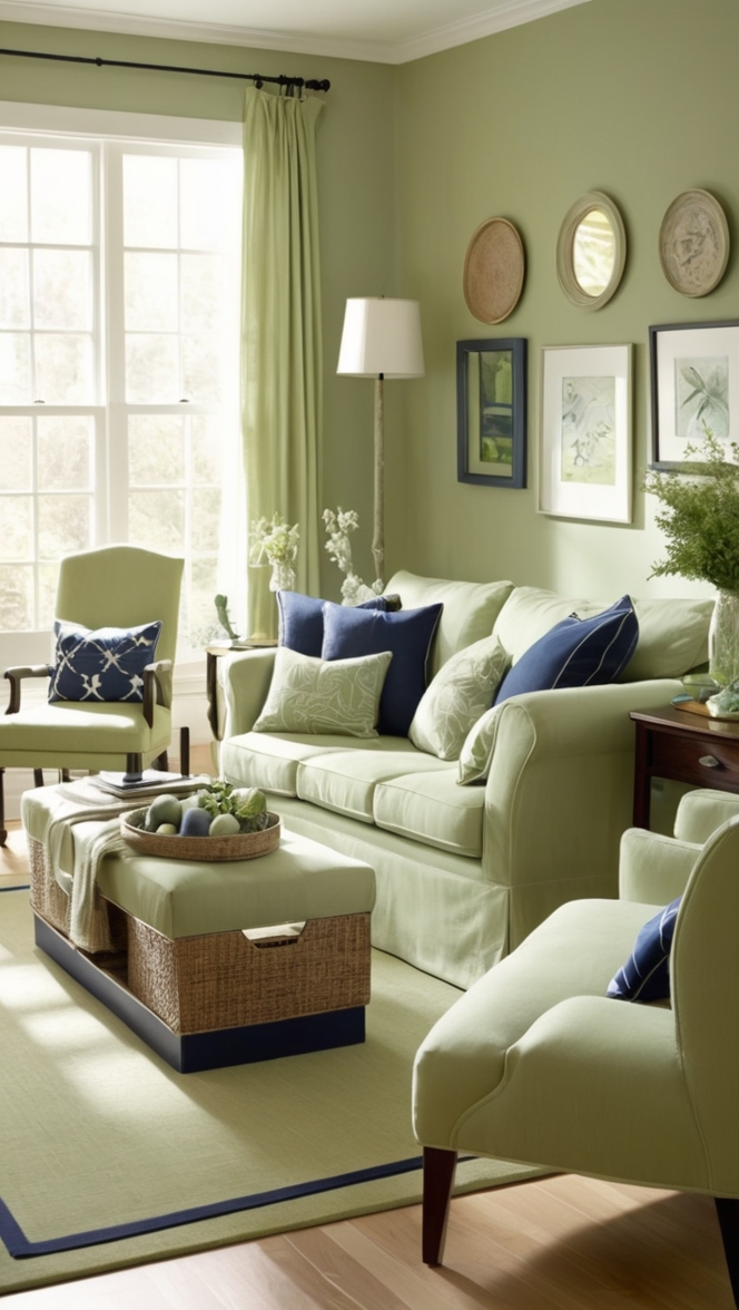sage green sofa, navy blue accent wall, living room decor, modern farmhouse style, interior design ideas