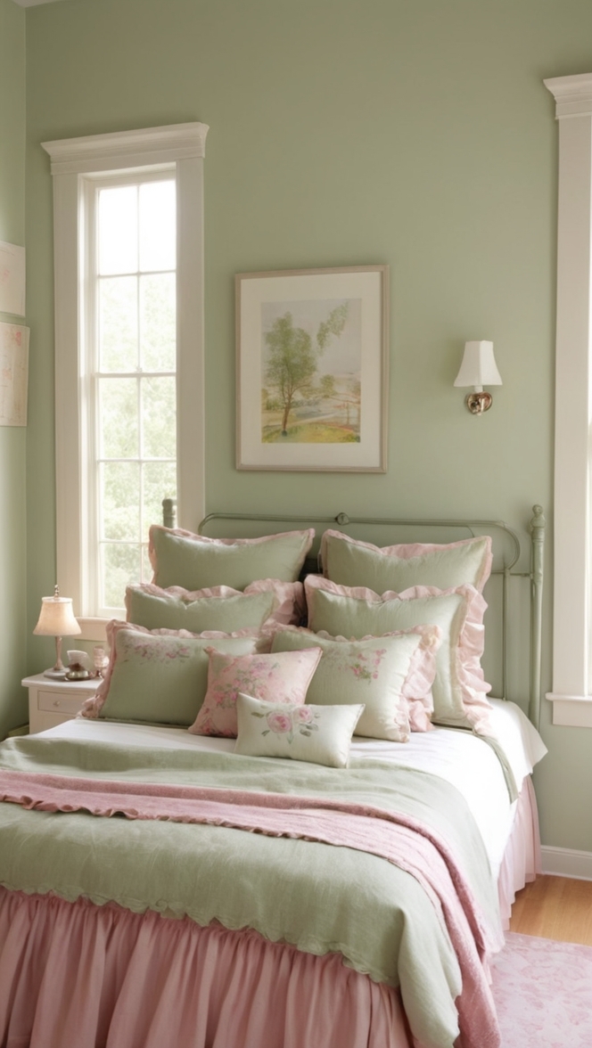 How can I create a stylish sage green and pink bedroom? ?