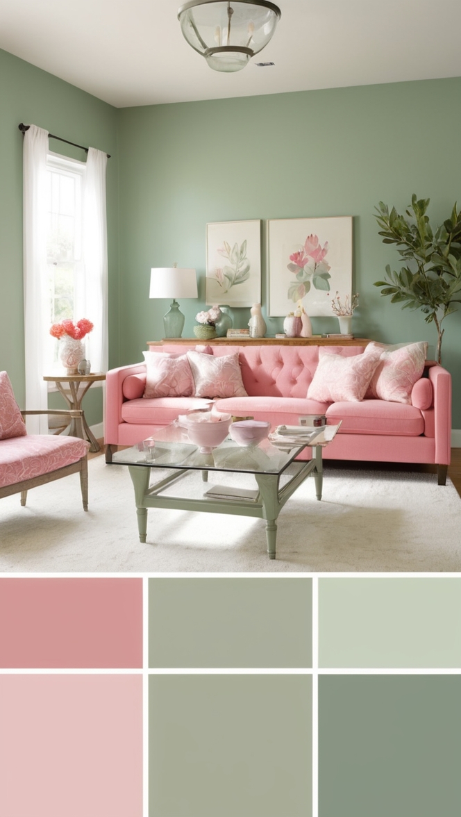 sage green decor, pink living room, home decor ideas, interior design, decorating tips