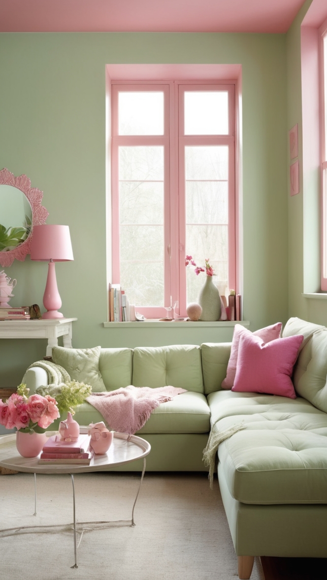 sage green decor, pink living room, home decor ideas, interior design, decorating tips