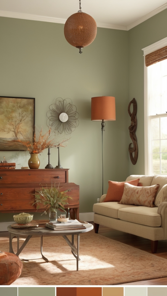 sage green sofa, rust colored curtains, living room decor, green and rust color scheme, interior design ideas