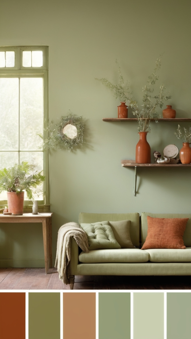 sage green sofa, rust colored curtains, living room decor, green and rust color scheme, interior design ideas