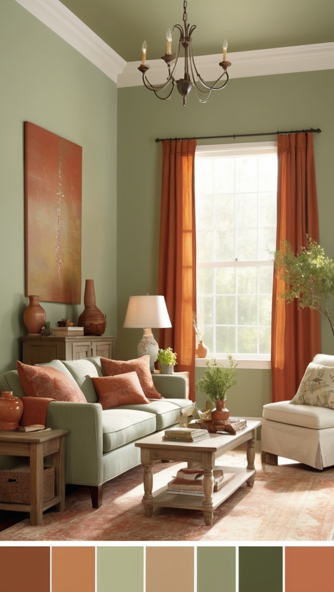 sage green decor, terracotta accessories, luxurious living room, interior design ideas, stylish home décor