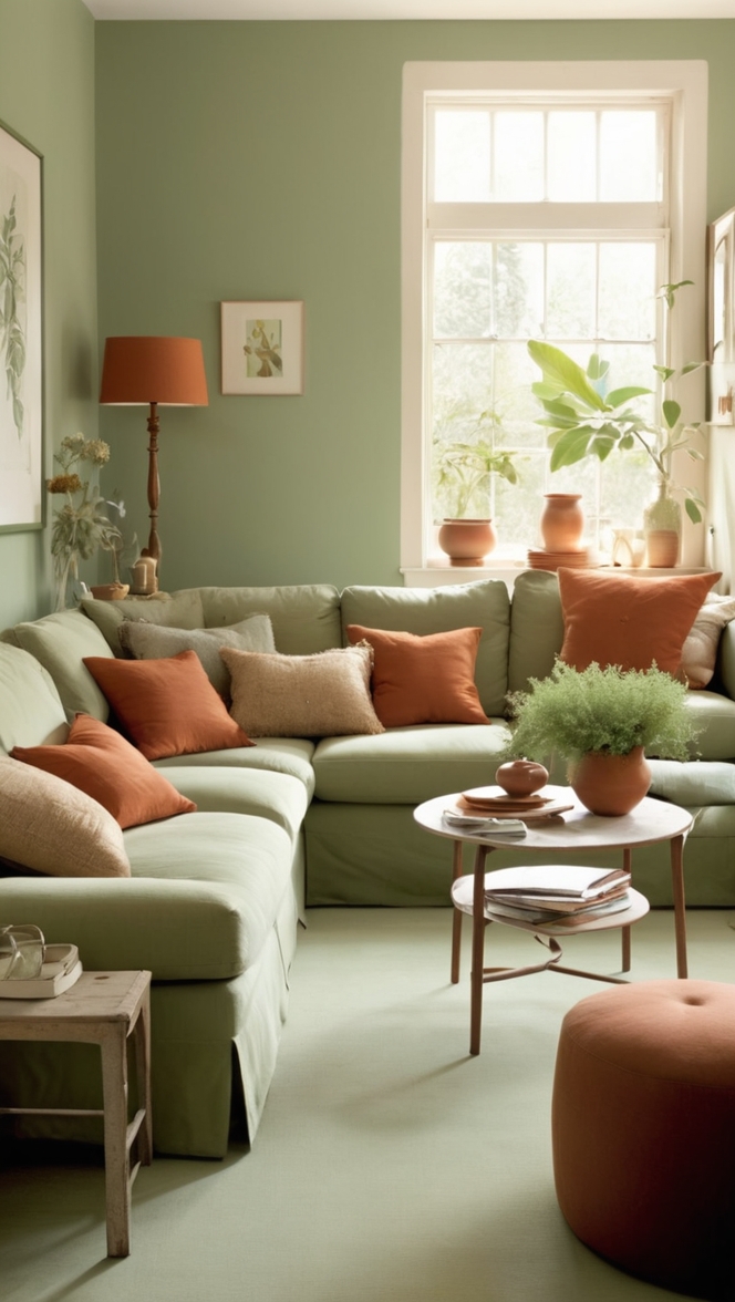 sage green decor, terracotta accessories, luxurious living room, interior design ideas, stylish home décor