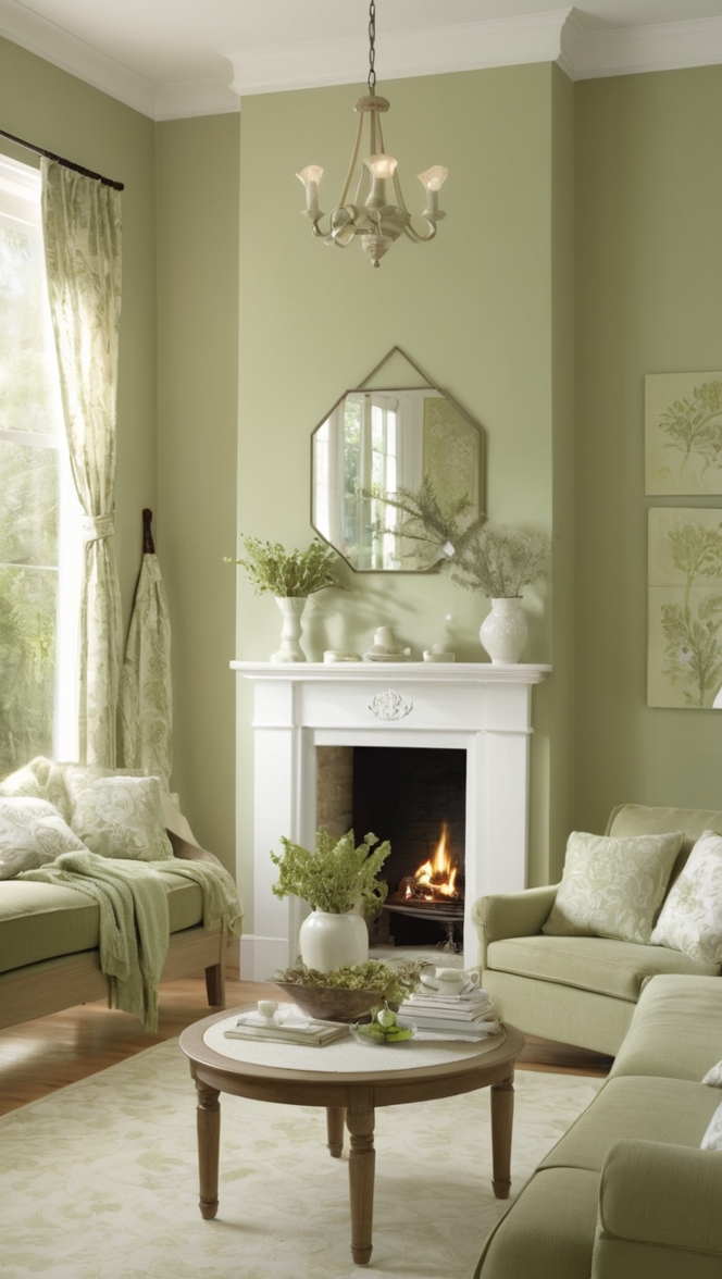 sage green decor, white living room accessories, modern sage green furniture, elegant white curtains, chic green and white decor