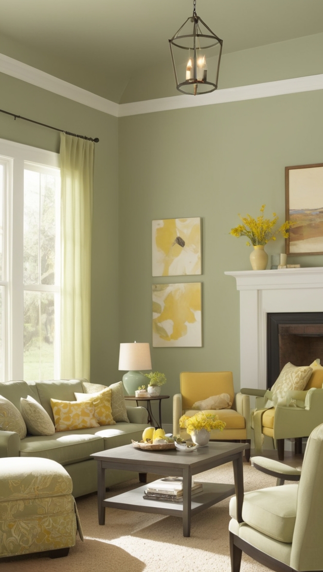 sage green sofa, green and yellow decor, yellow accent wall, sage green furniture, mustard yellow curtains