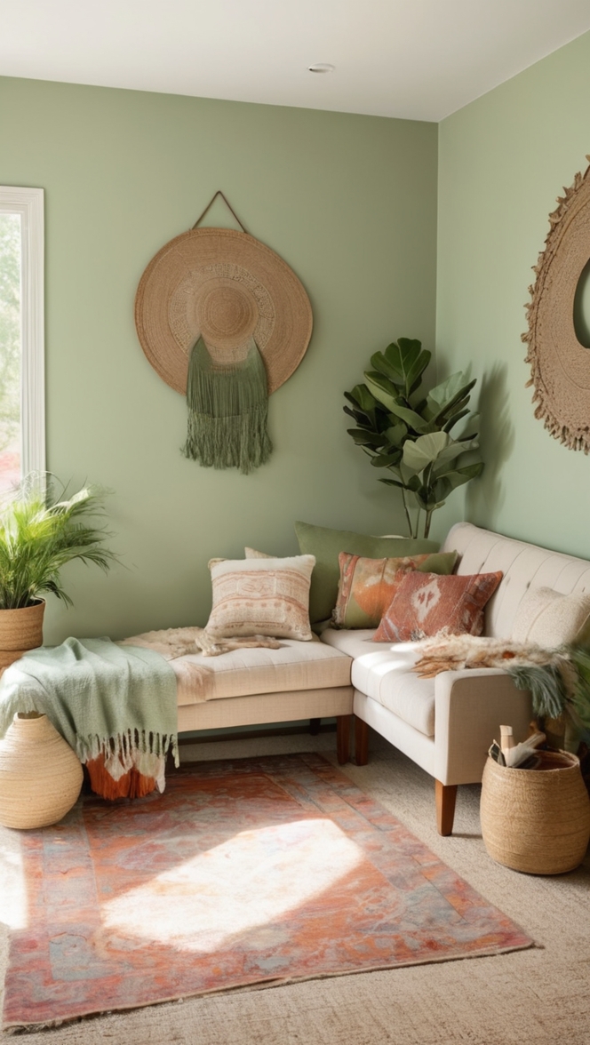 sage green curtains, sage green sofa, boho throw pillows, boho rug, boho wall art