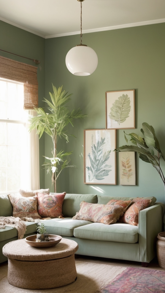 sage green curtains, sage green sofa, boho throw pillows, boho rug, boho wall art