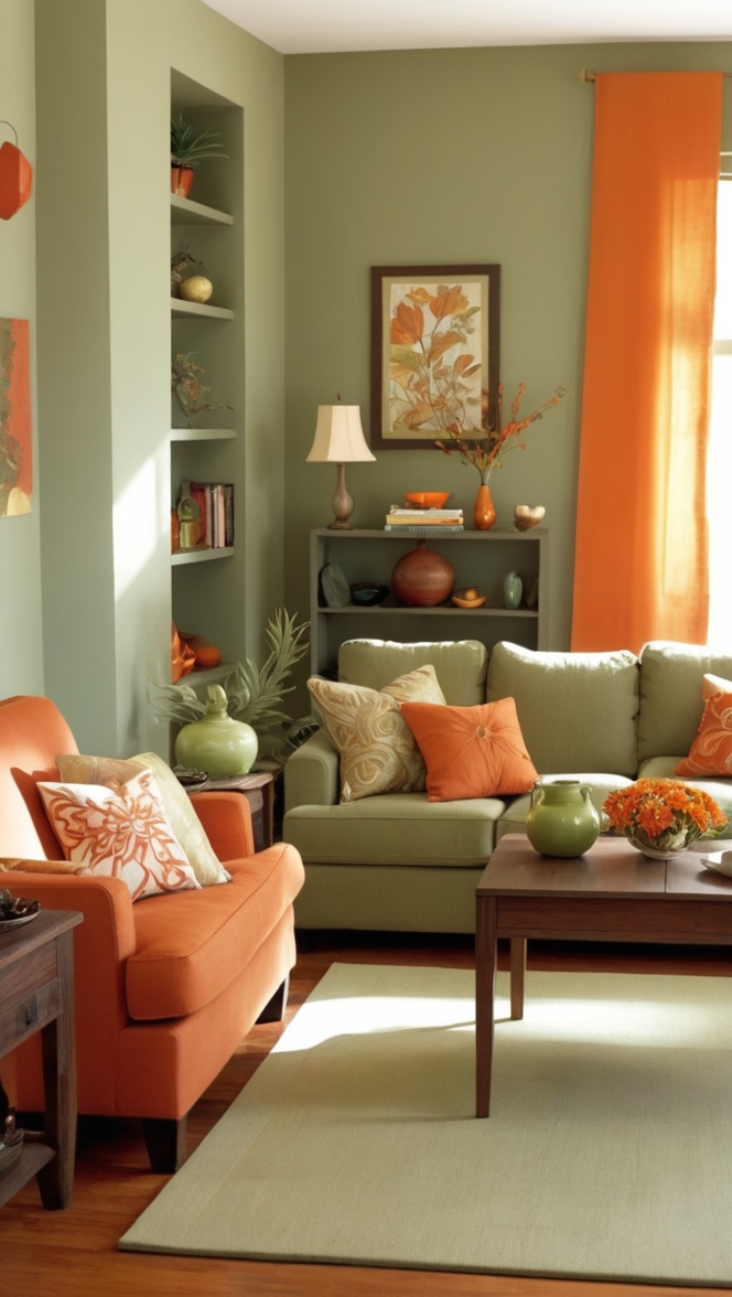 sage green decor, burnt orange accents, living room color scheme, interior design inspiration, cozy home decor