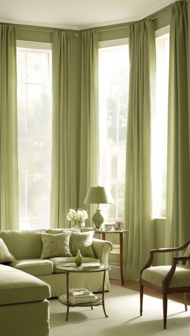 sage green valance, floral curtains, velvet drapes, emerald green panels, patterned shades