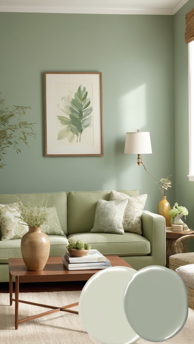 sage green sofa, sage green curtains, sage green accent wall, sage green throw pillows, sage green rug