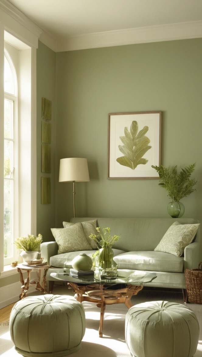sage green sofa, sage green curtains, sage green accent wall, sage green throw pillows, sage green rug