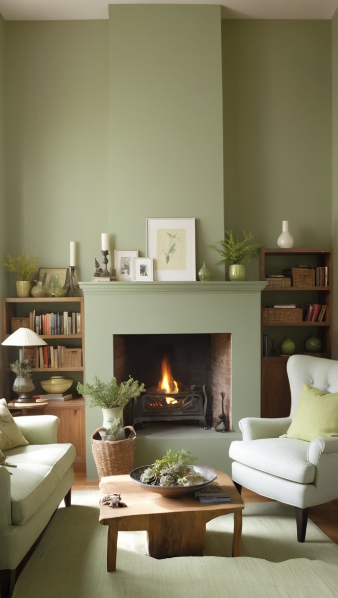 sage green paint, cozy living room decor, fireplace mantel ideas, home interior design, comfortable furniture arrangement