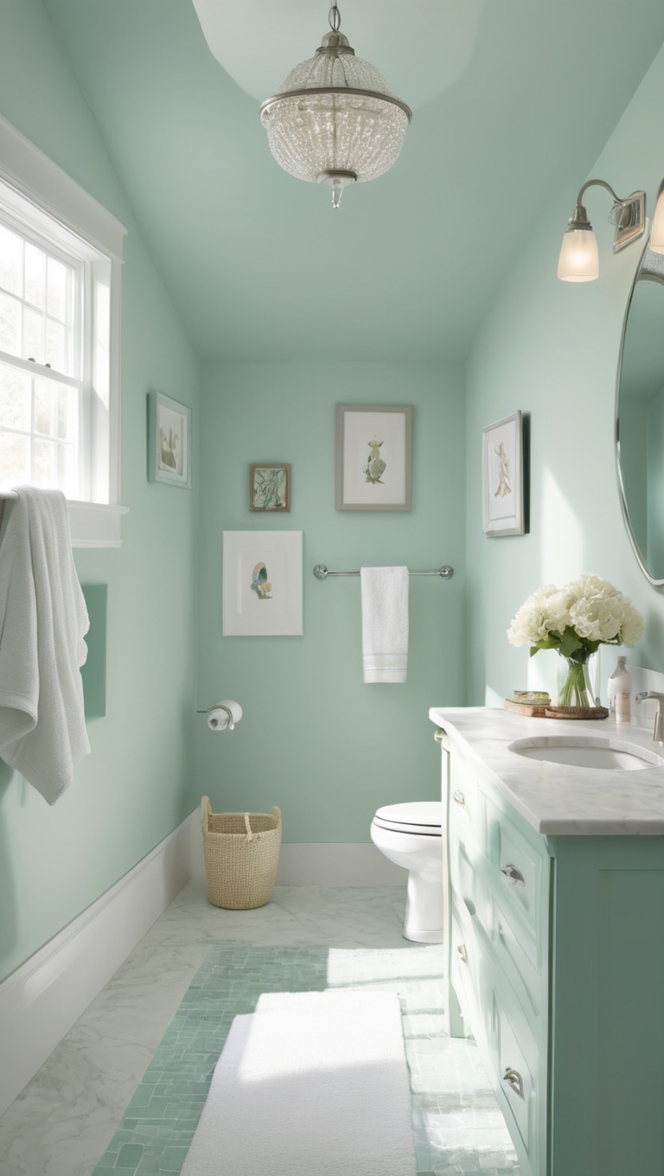 seafoam green paint, seafoam green tiles, seafoam green vanity, seafoam green decor, seafoam green accessories