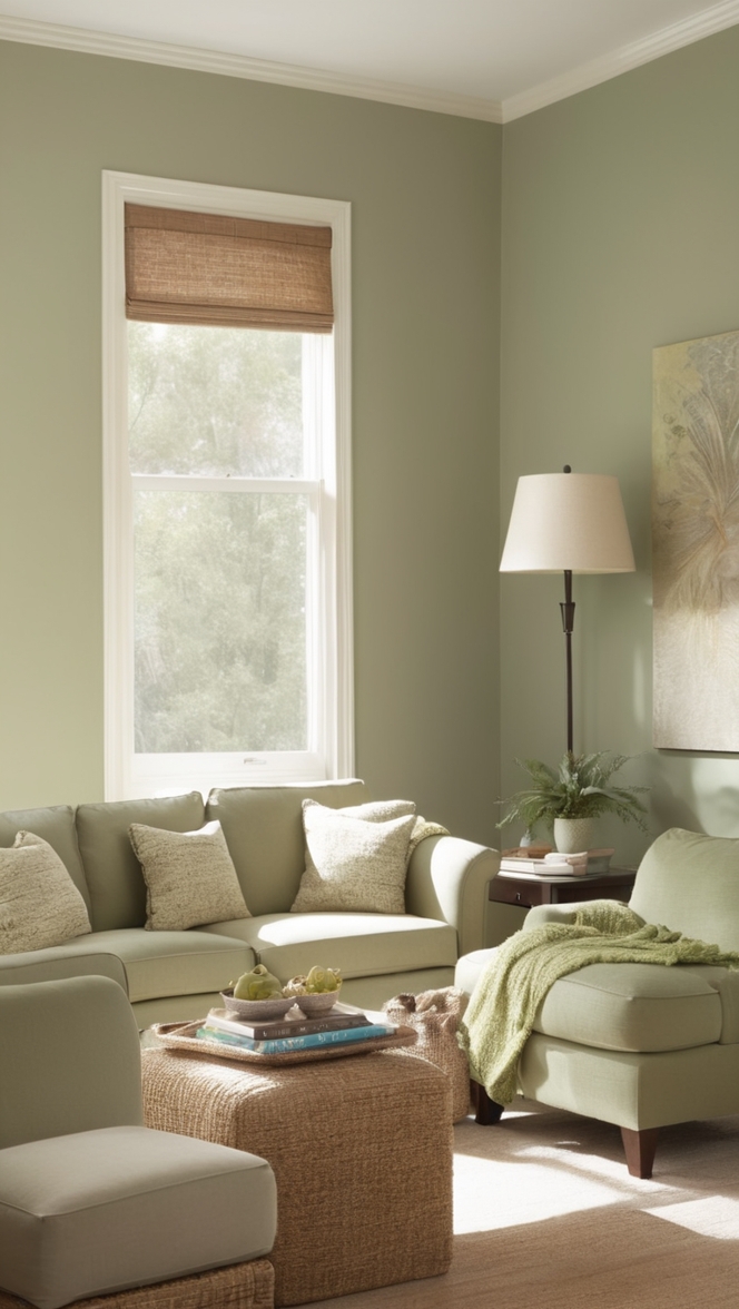 taupe living room decor, sage green decor, taupe and sage green furniture, taupe paint color, sage green throw pillows