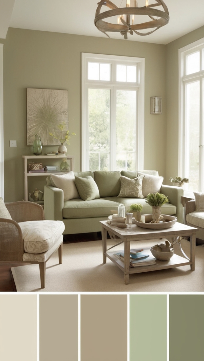 taupe living room decor, sage green decor, taupe and sage green furniture, taupe paint color, sage green throw pillows