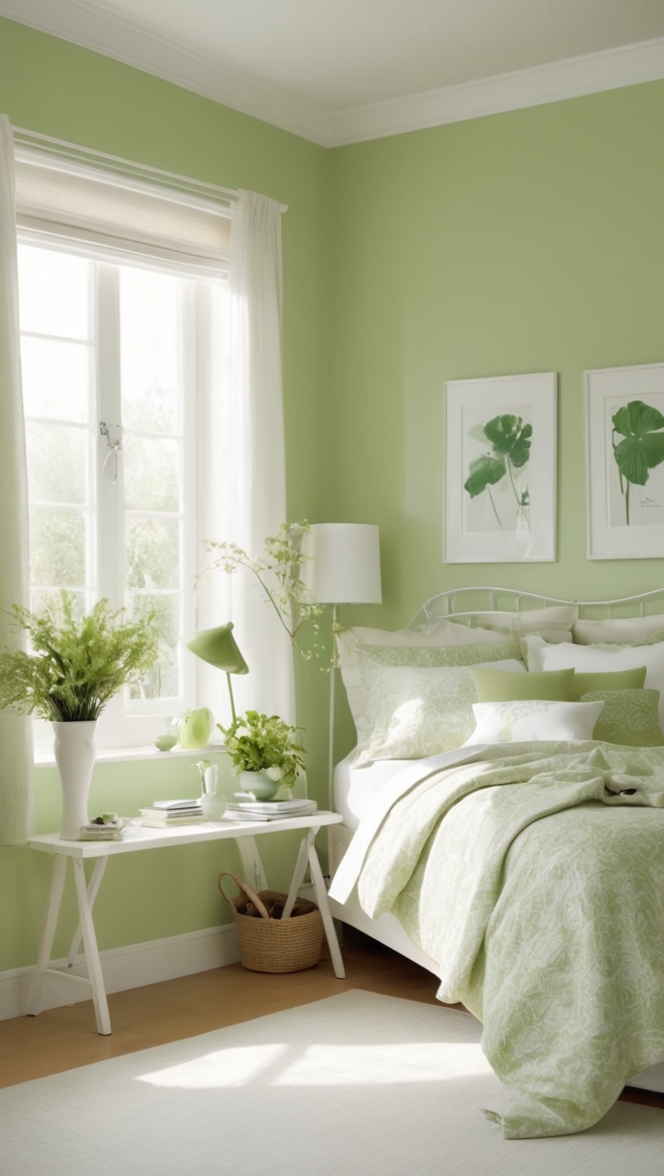 How can I create a cozy white and green bedroom? ?