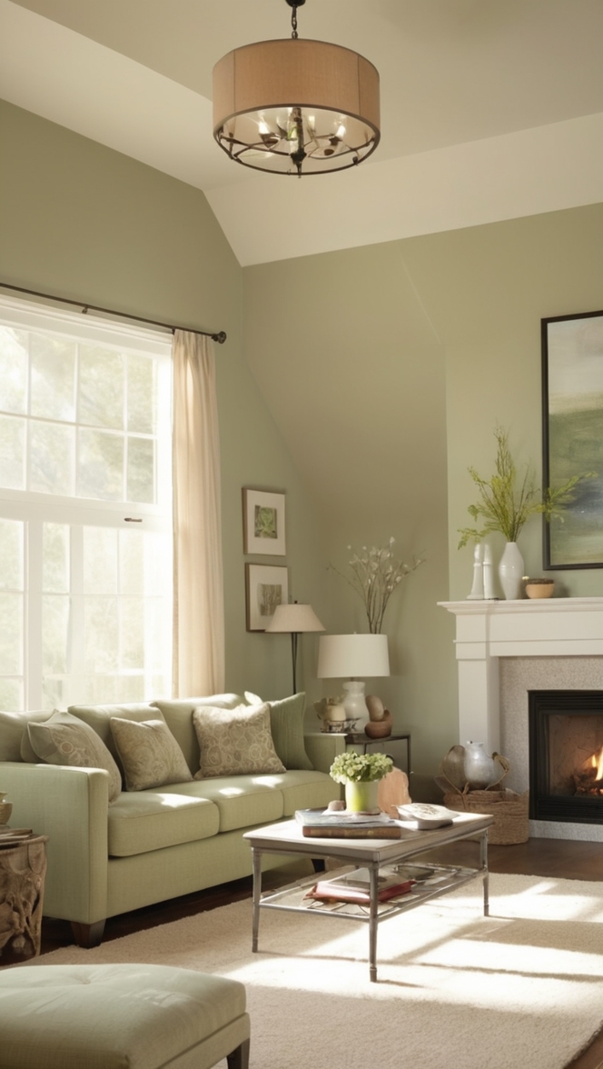 Being Tree Wall Art, Boho Green Throw Pillows, Elegant Sage Green Curtains, Neutral Beige Area Rug, Luxury Beige and Green Sofas