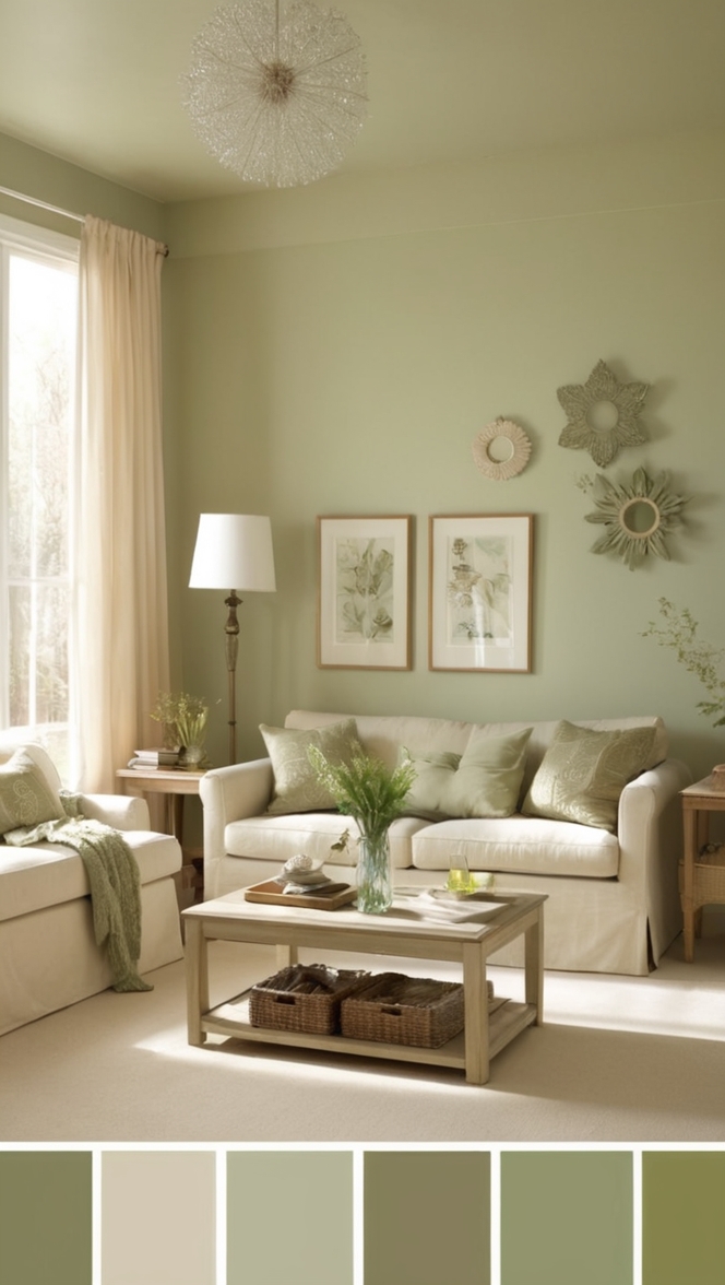 Being Tree Wall Art, Boho Green Throw Pillows, Elegant Sage Green Curtains, Neutral Beige Area Rug, Luxury Beige and Green Sofas