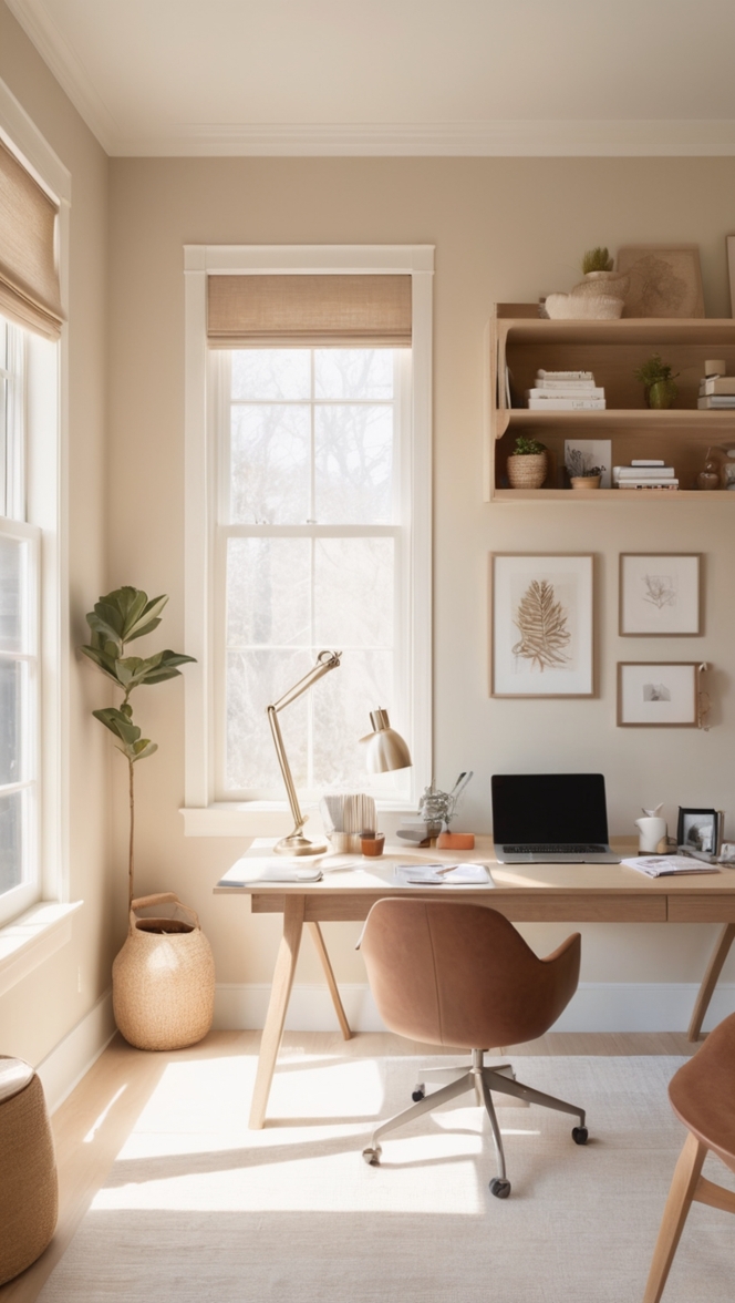 How can I achieve a cozy beige home office aesthetic? ?
