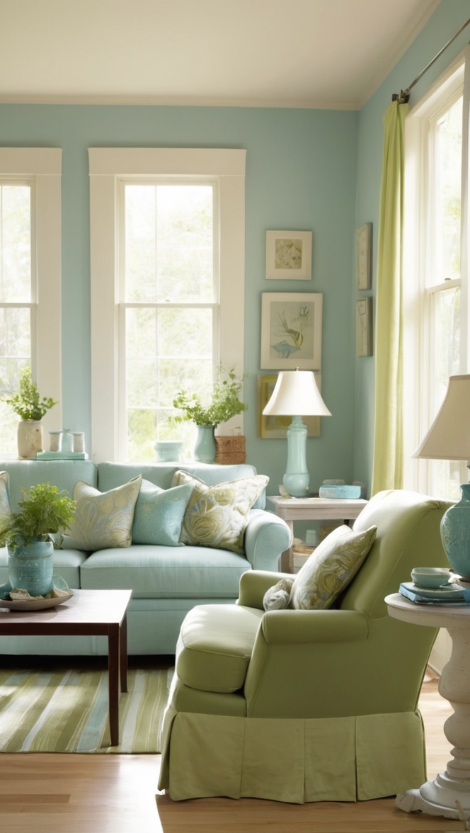 blue velvet sofa, sage green walls, navy blue accents, emerald green decor, aqua blue rug