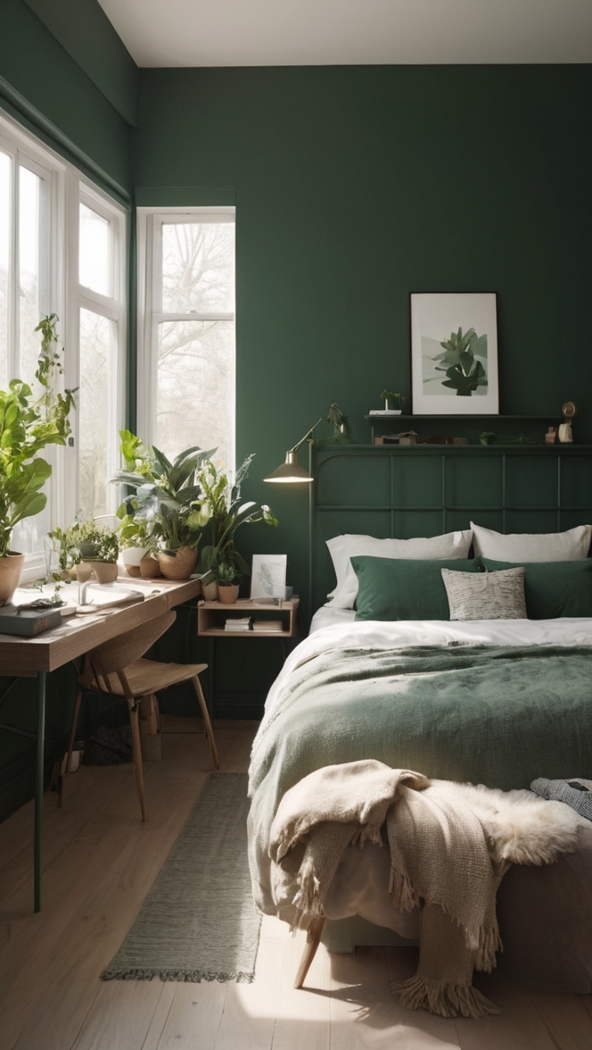 How can I achieve a cozy and stylish dark green bedroom aesthetic? ?