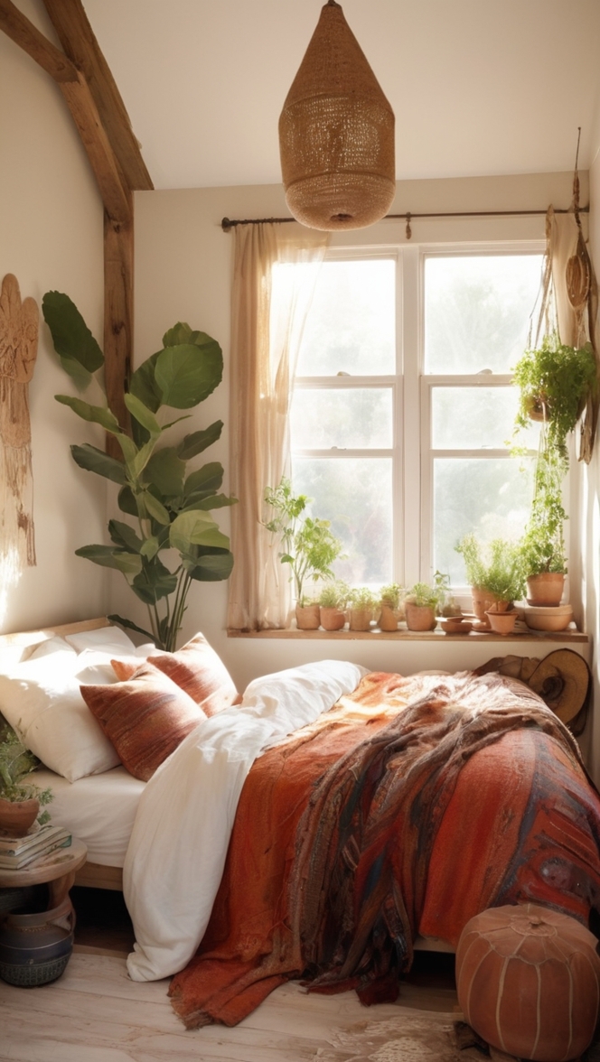 How can I create an earthy bedroom bohemian vibe? ?