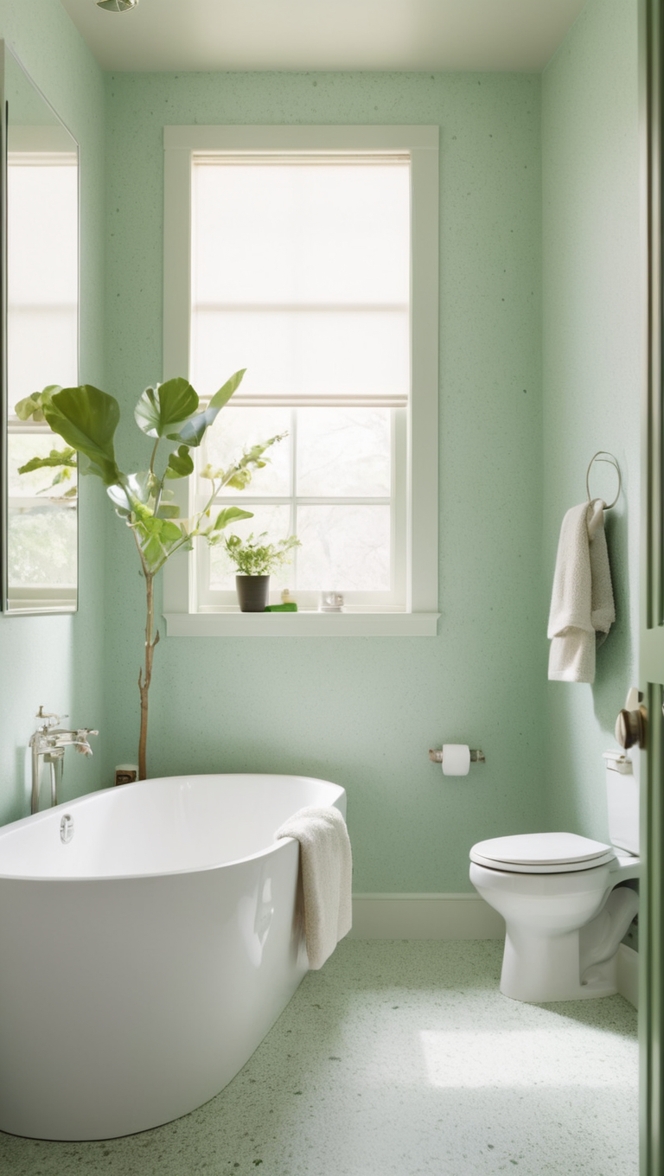 bathroom renovation, terrazzo tile, green restroom, modern bathroom design, eco-friendly bathroom