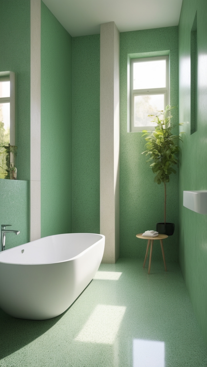 bathroom renovation, terrazzo tile, green restroom, modern bathroom design, eco-friendly bathroom