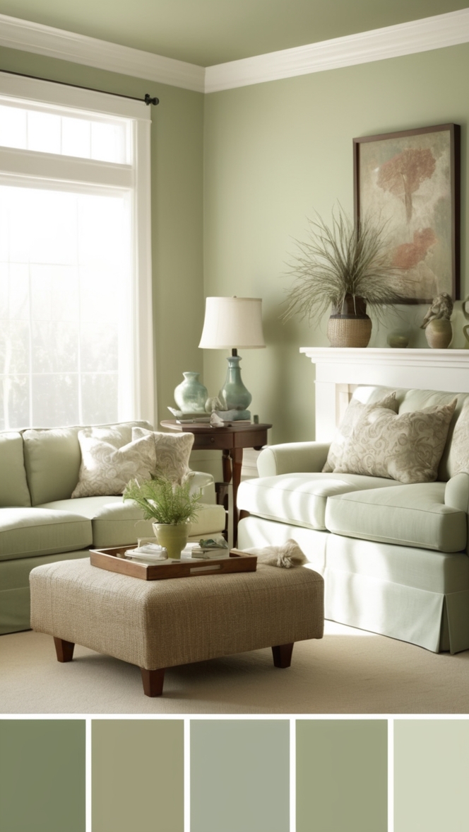 light green paint, sage green decor, neutral living room ideas, modern green furniture, elegant green accents
