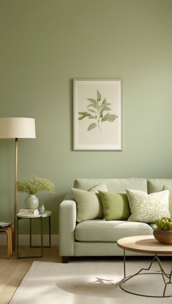 light green paint, sage green decor, neutral living room ideas, modern green furniture, elegant green accents