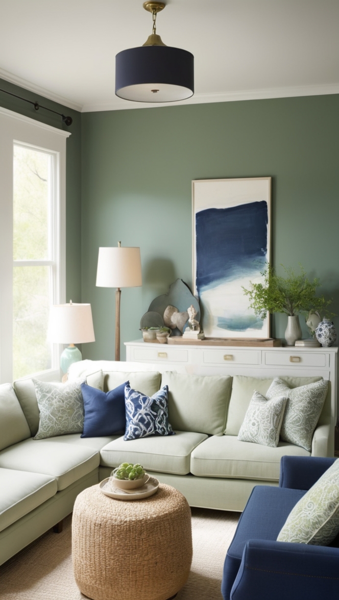 navy blue sofa, navy blue living room decor, navy blue accent wall, sage green furniture, sage green throw pillows