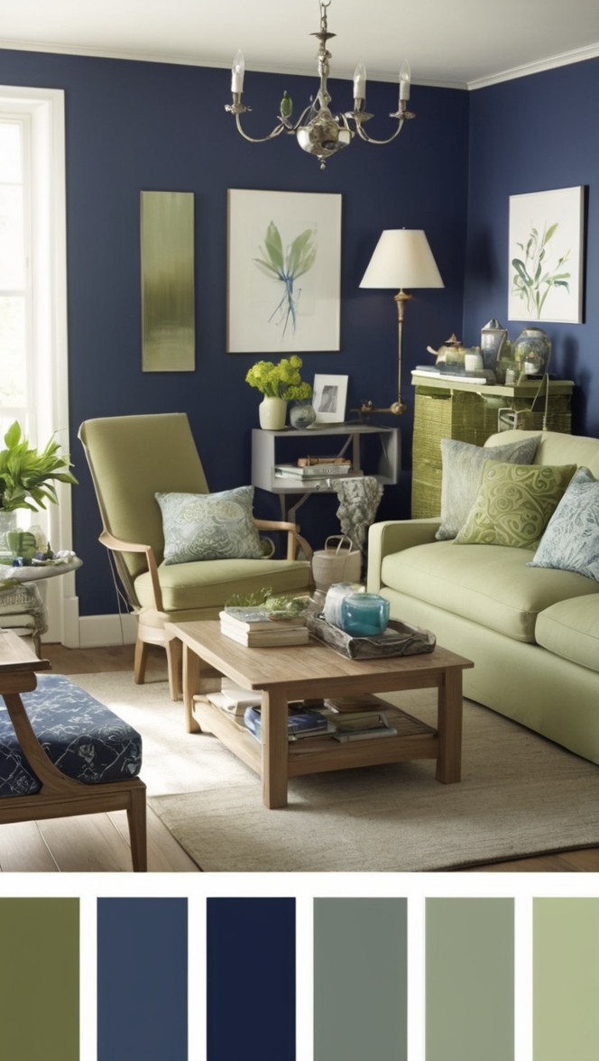 navy blue sofa, navy blue living room decor, navy blue accent wall, sage green furniture, sage green throw pillows