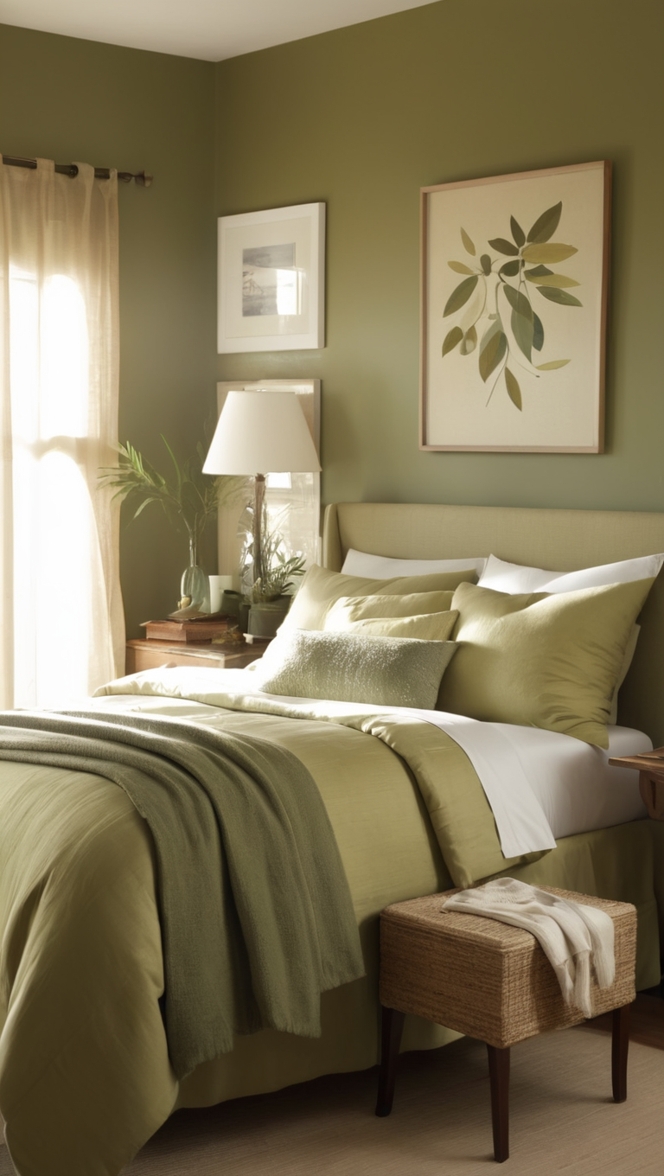How can I elevate the style of my bedroom with an olive green and beige color scheme? ?