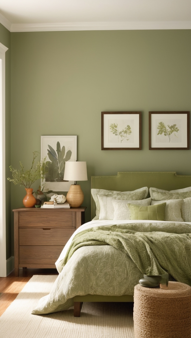 olive green comforter, olive green accent wall, olive green curtains, olive green paint, olive green decor