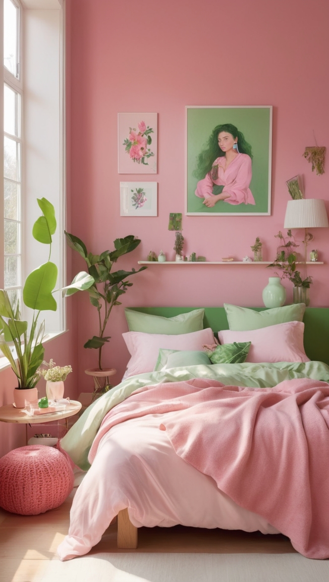 How can I create a stunning pink and green bedroom aesthetic? ?
