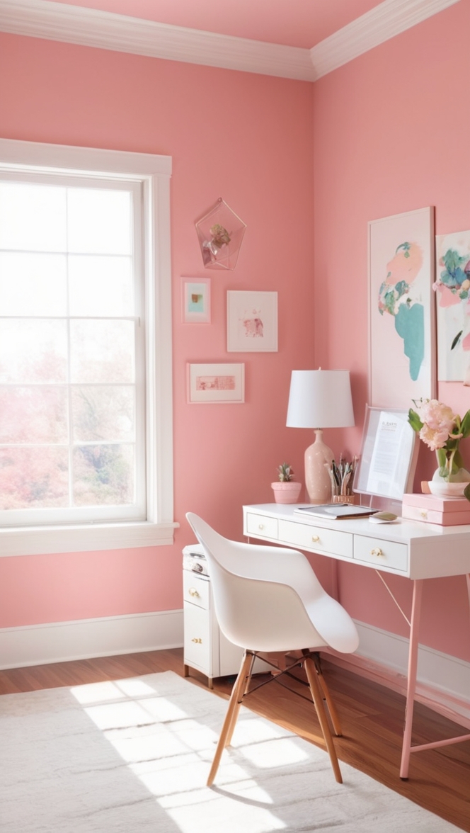pink office decor, stylish desk accessories, elegant home office, chic office organization, modern desk setup