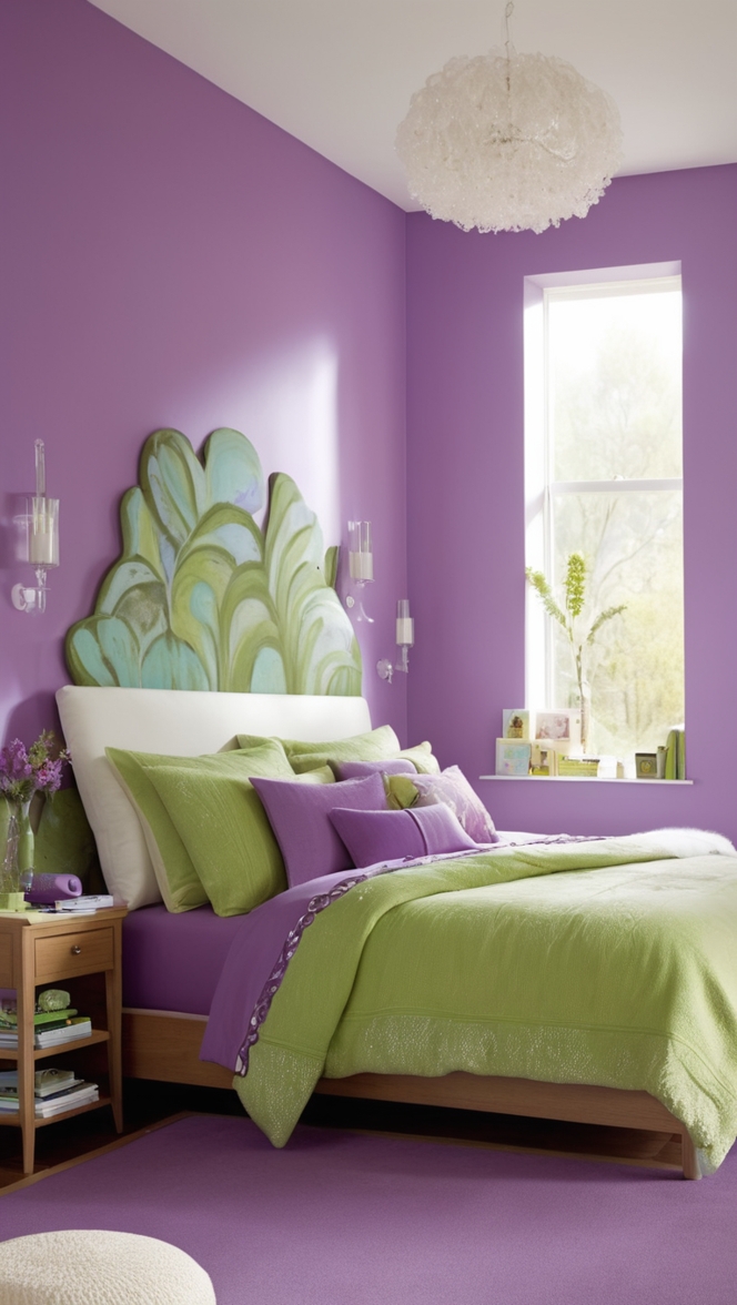 How can I design a stylish purple and green bedroom? ?