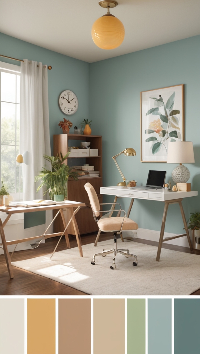 retro home office decor, vintage home office style, mid-century modern office design, antique office furniture, old-school home office ambiance