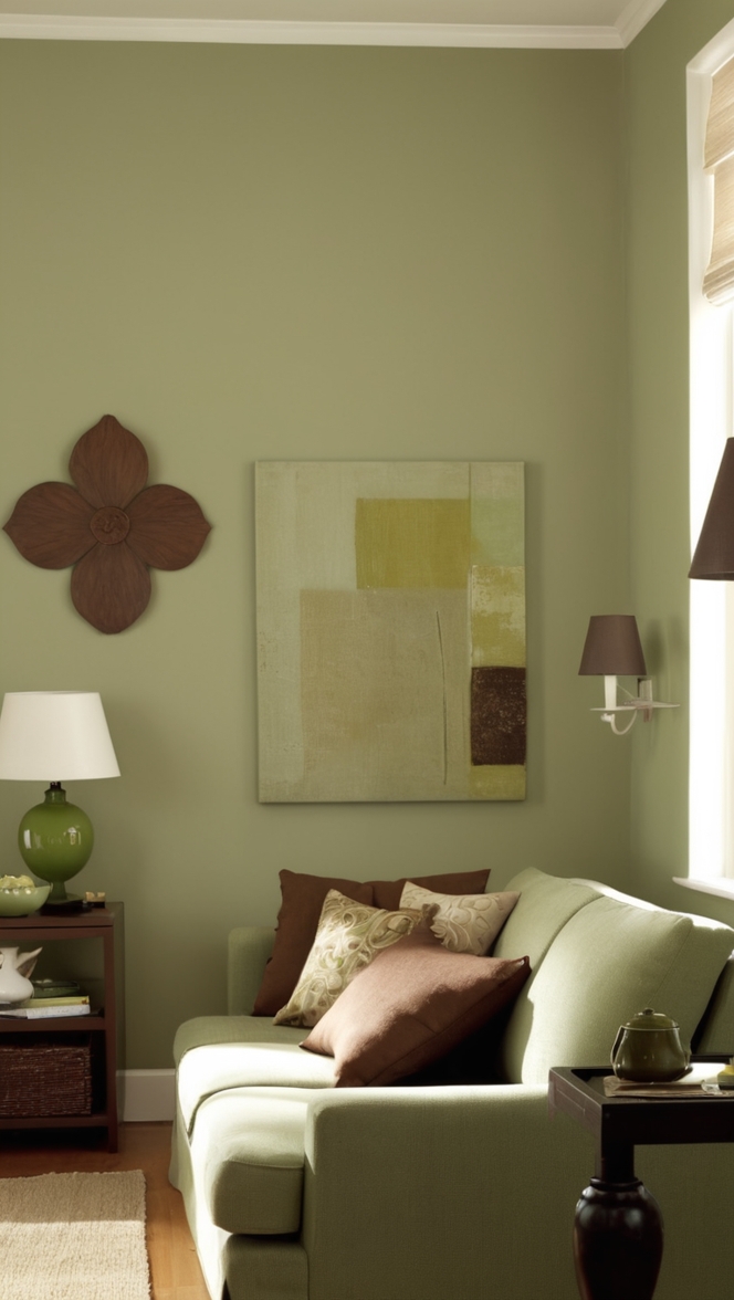 green living room decor, brown sofa, sage green walls, earthy tones, cozy living room