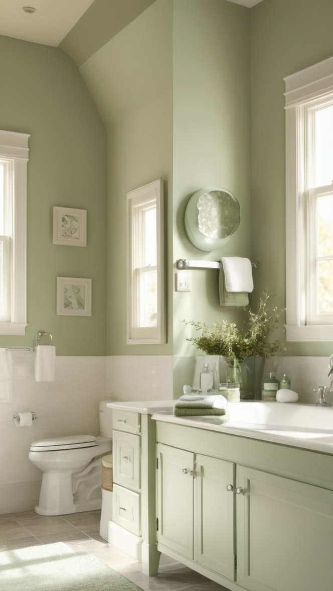 sage green tile, sage green vanity, sage green walls, sage green decor, sage green accessories