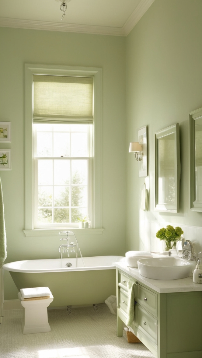 sage green tile, sage green vanity, sage green walls, sage green decor, sage green accessories