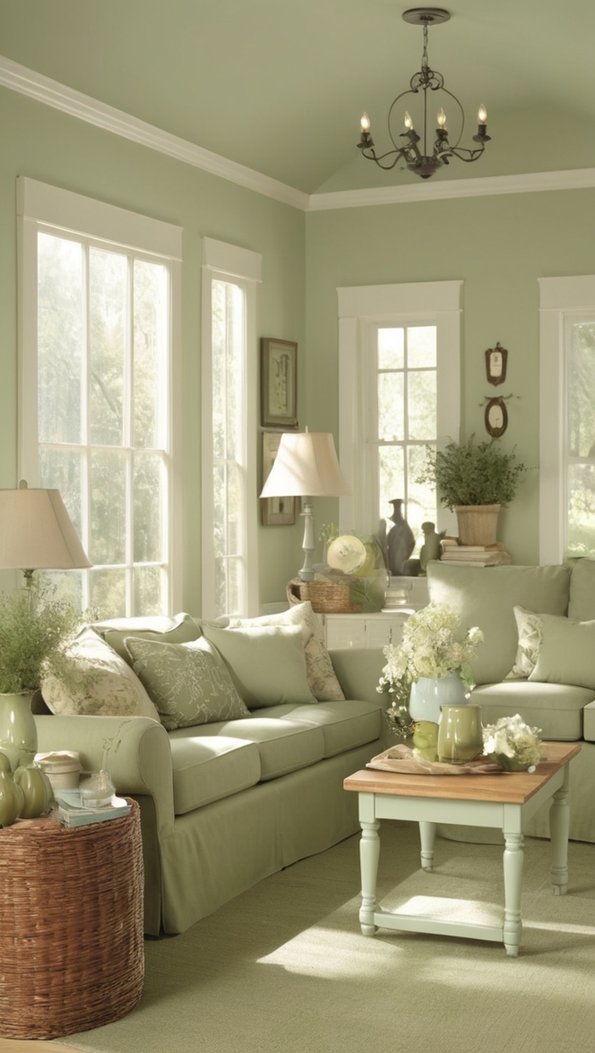 sage green walls, cottage living room decor, farmhouse style furniture, cozy cottage design, rustic chic home
