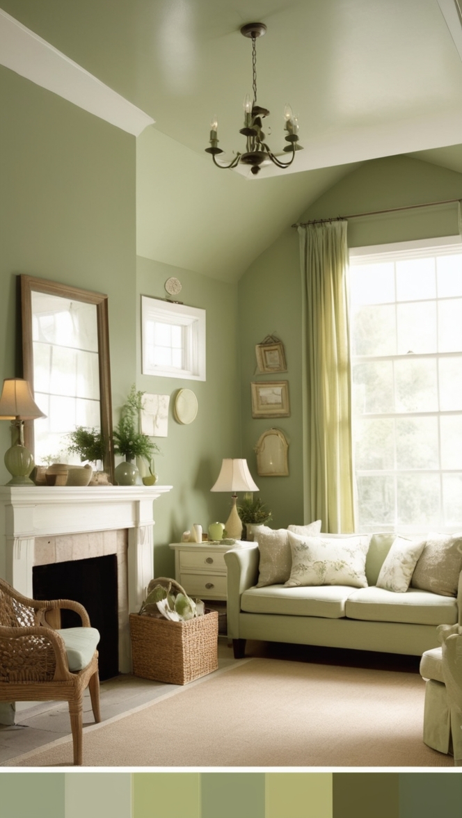 sage green walls, cottage living room decor, farmhouse style furniture, cozy cottage design, rustic chic home