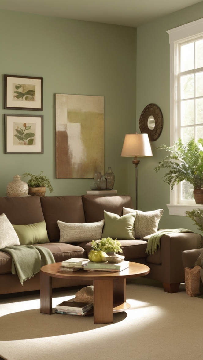 sage green sofa, brown living room, green and brown decor, earthy living room, cozy living space