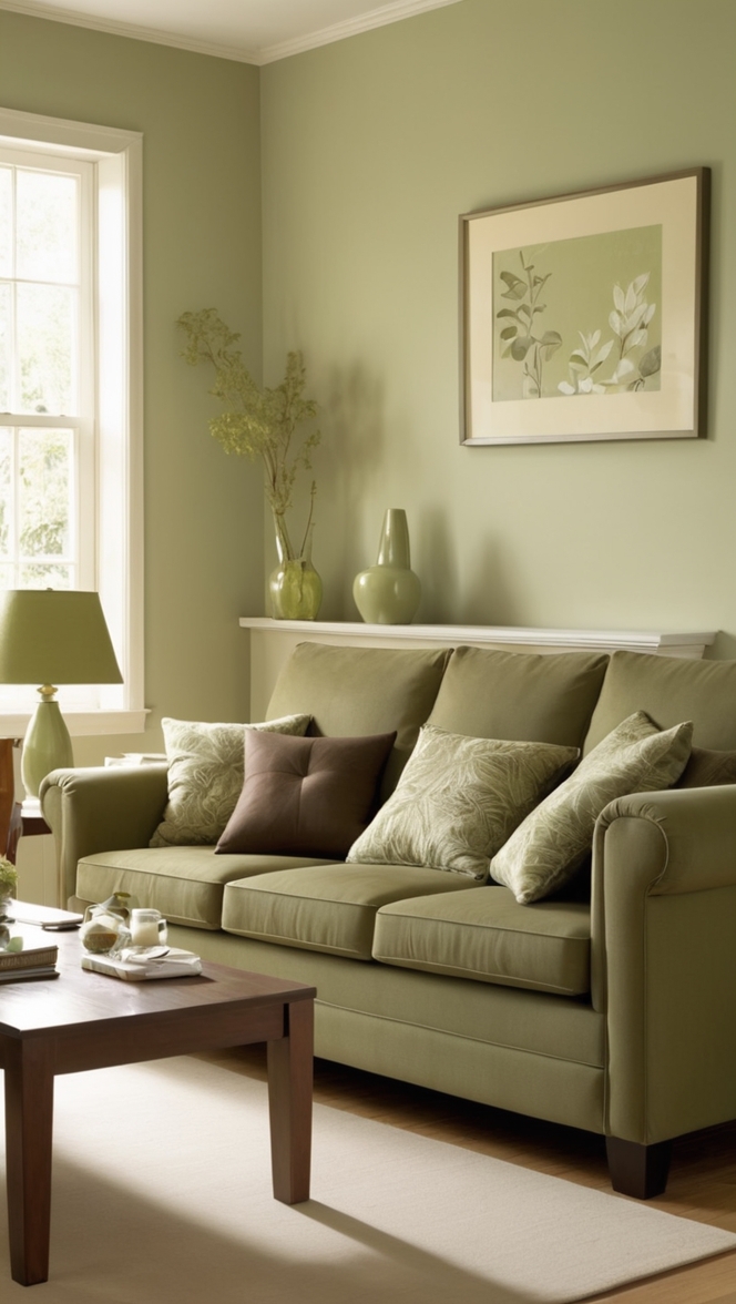 sage green sofa, brown living room, green and brown decor, earthy living room, cozy living space