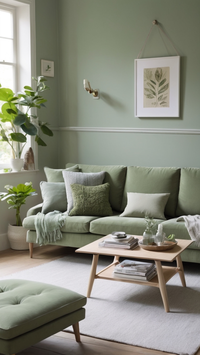 sage green walls, grey sofa
green and grey living room
sage green decor, grey couch
sage green furniture, grey living room
green and grey color palette