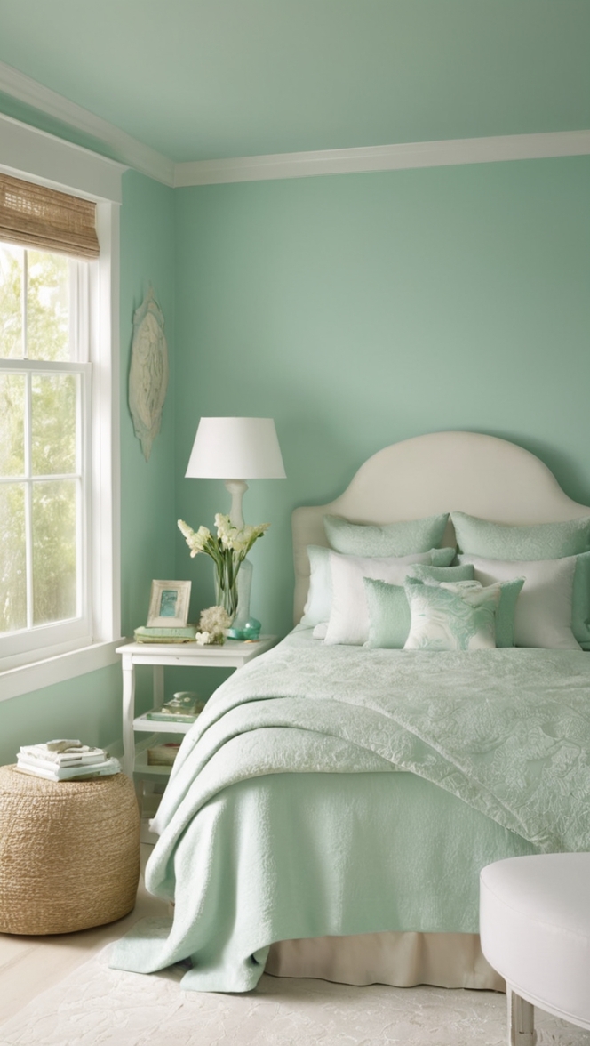 How can I decorate my bedroom with a seafoam green theme? ?