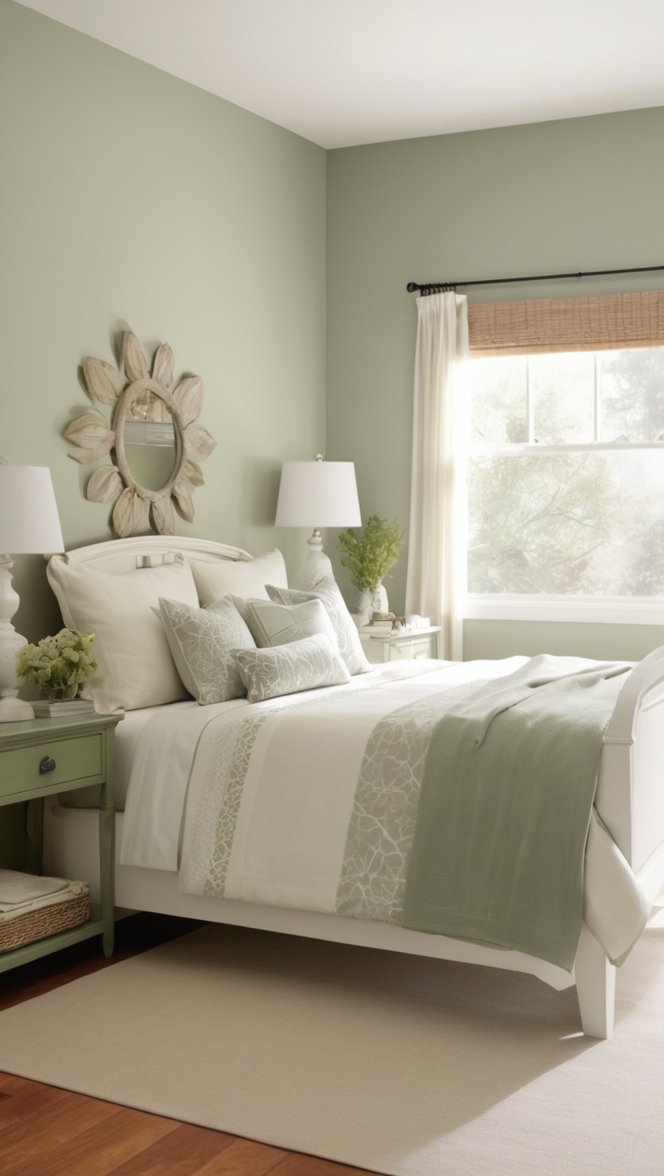 white and green duvet cover, sage green bedspread, white and sage green curtains, sage green throw pillows, white and green bedroom decor